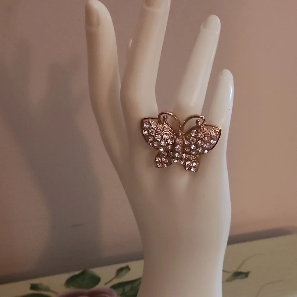 JTV Off Park Crystal Butterfly Gold Tone Stretch Ring